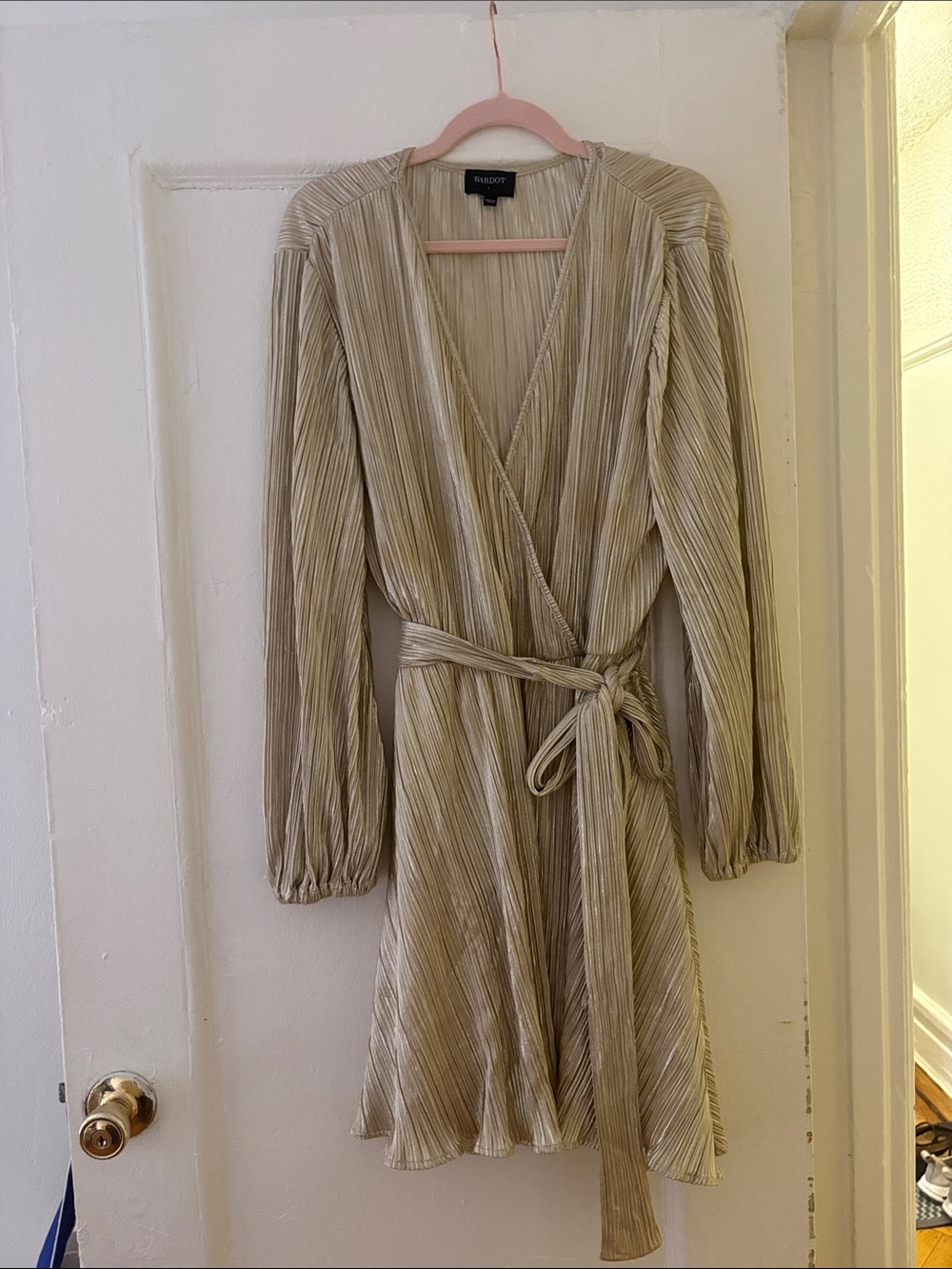 Bardot Metallic Pleated Wrap Mini Dress - Champagne Gold